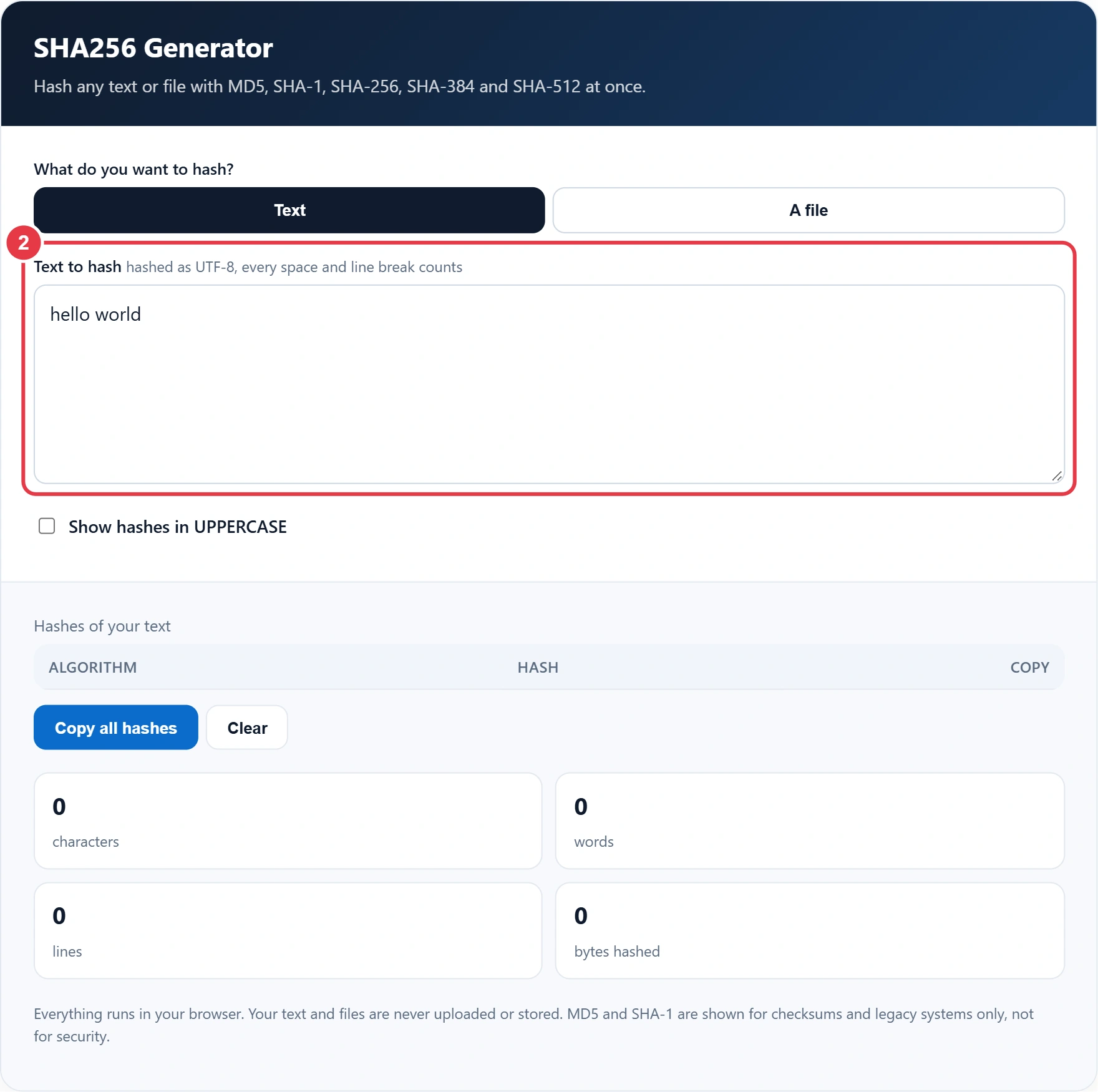 Step 2: type or paste the text you want to hash