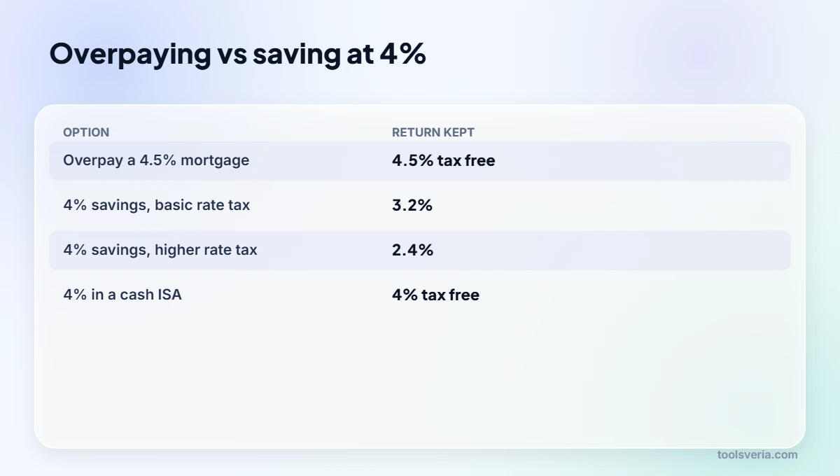 Comparison of overpaying a mortgage at 4.5% with saving at 4% after tax