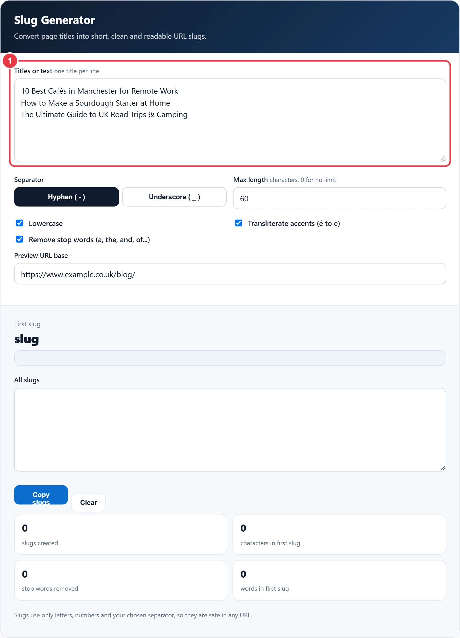 Step 1: enter one or more titles in the input box