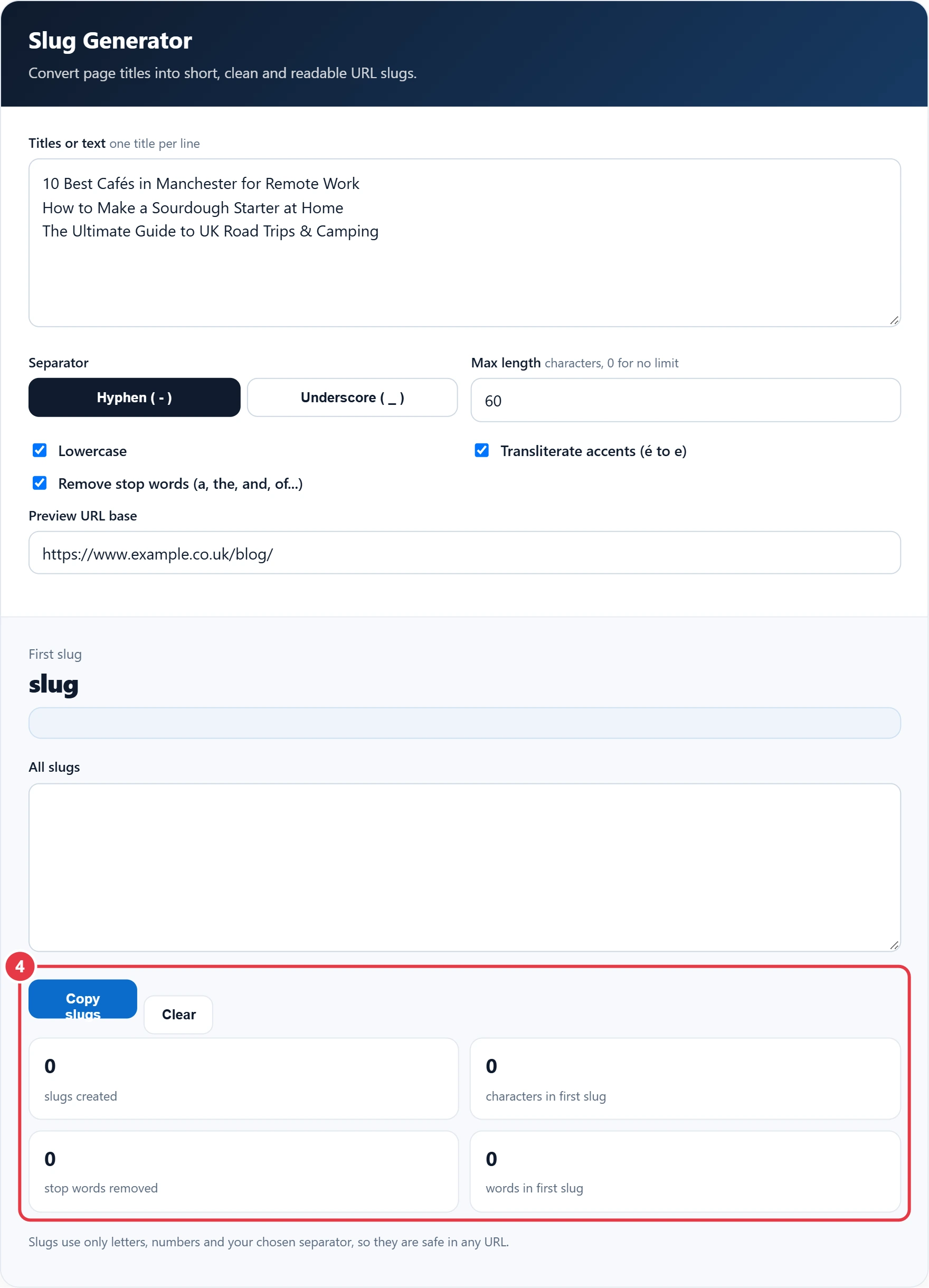 Step 4: copy the slugs and review the stats