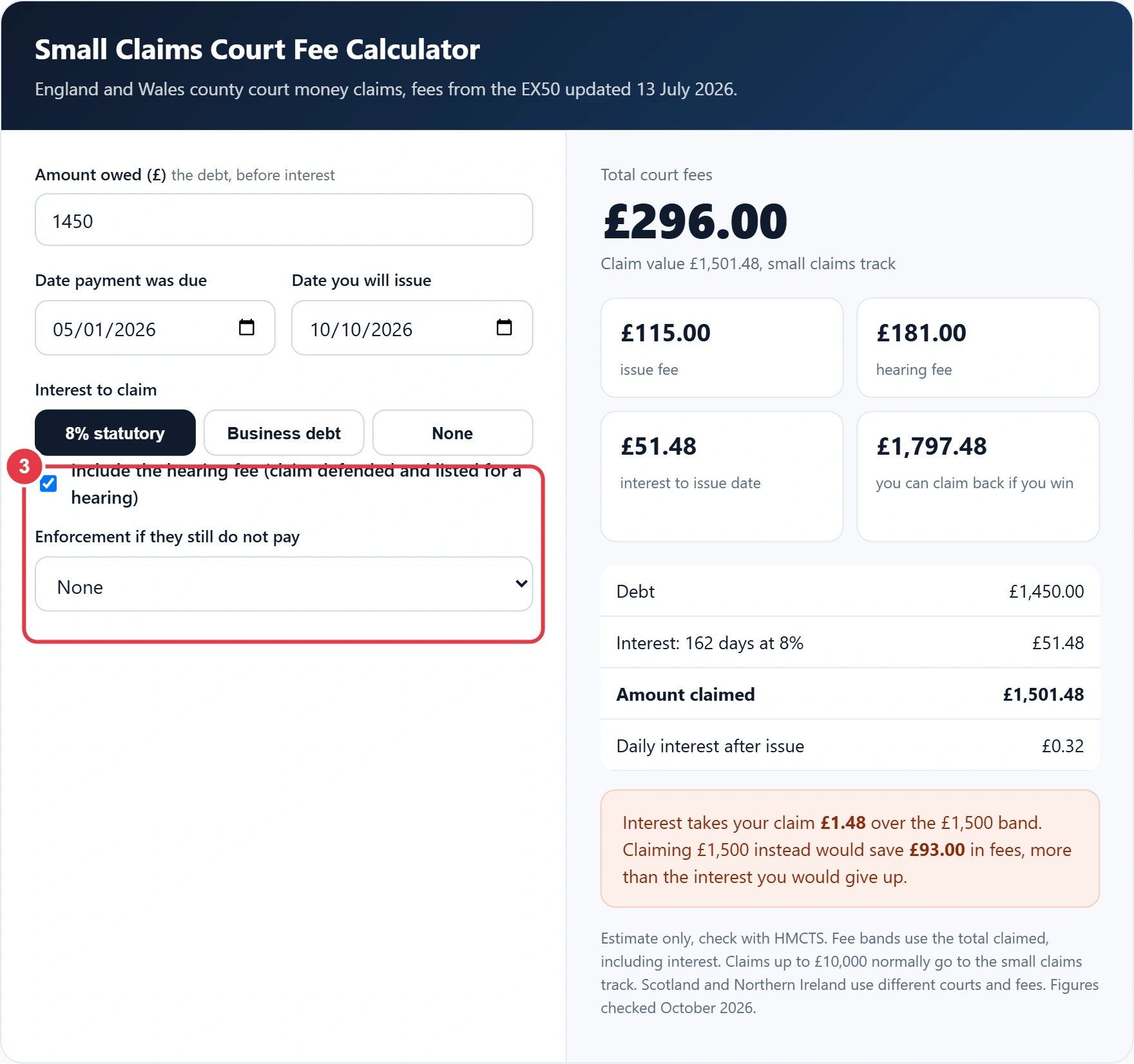 Step 3: include the hearing fee and any enforcement fee
