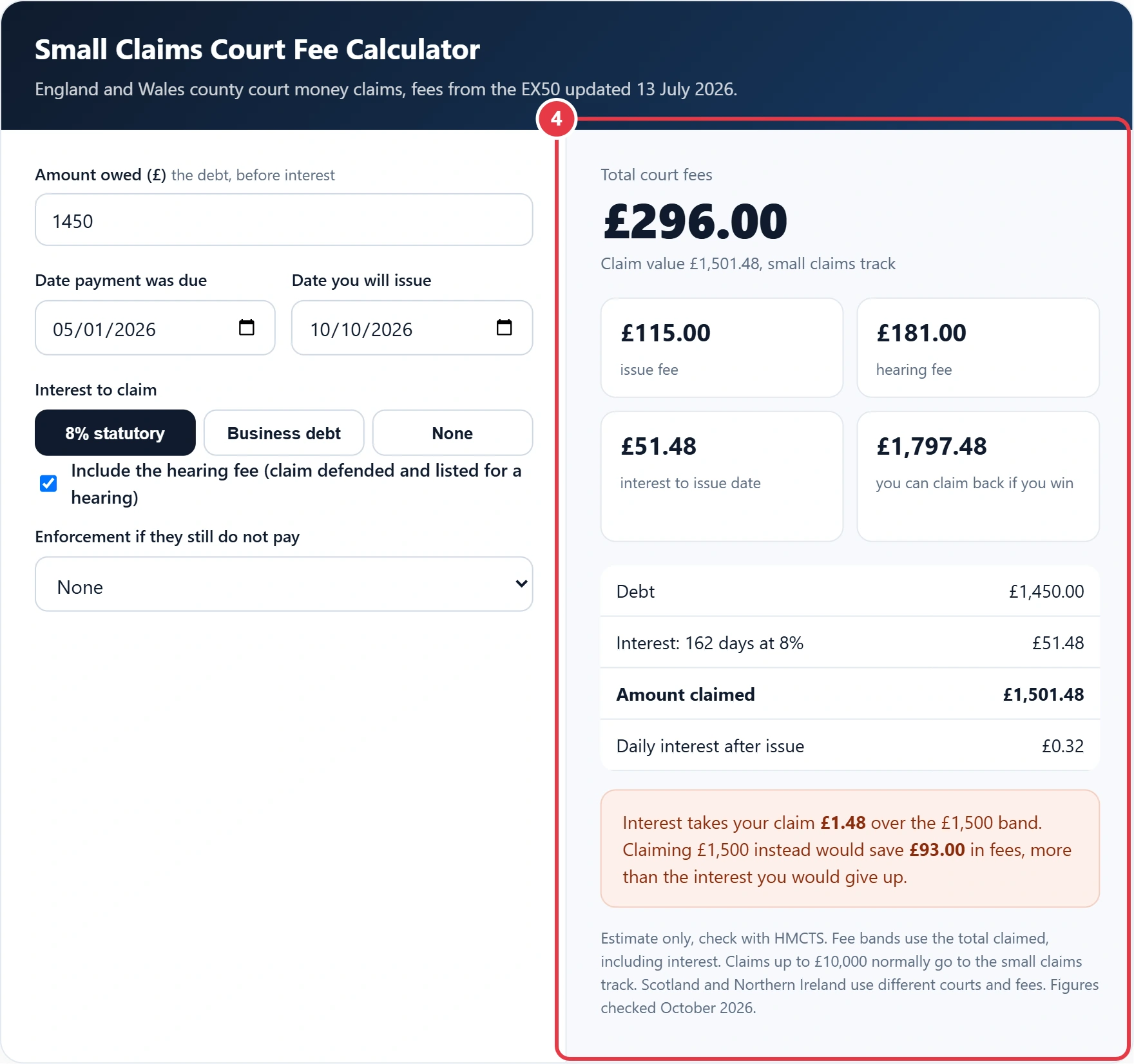 Step 4: read the total court fees and the amount you can claim back
