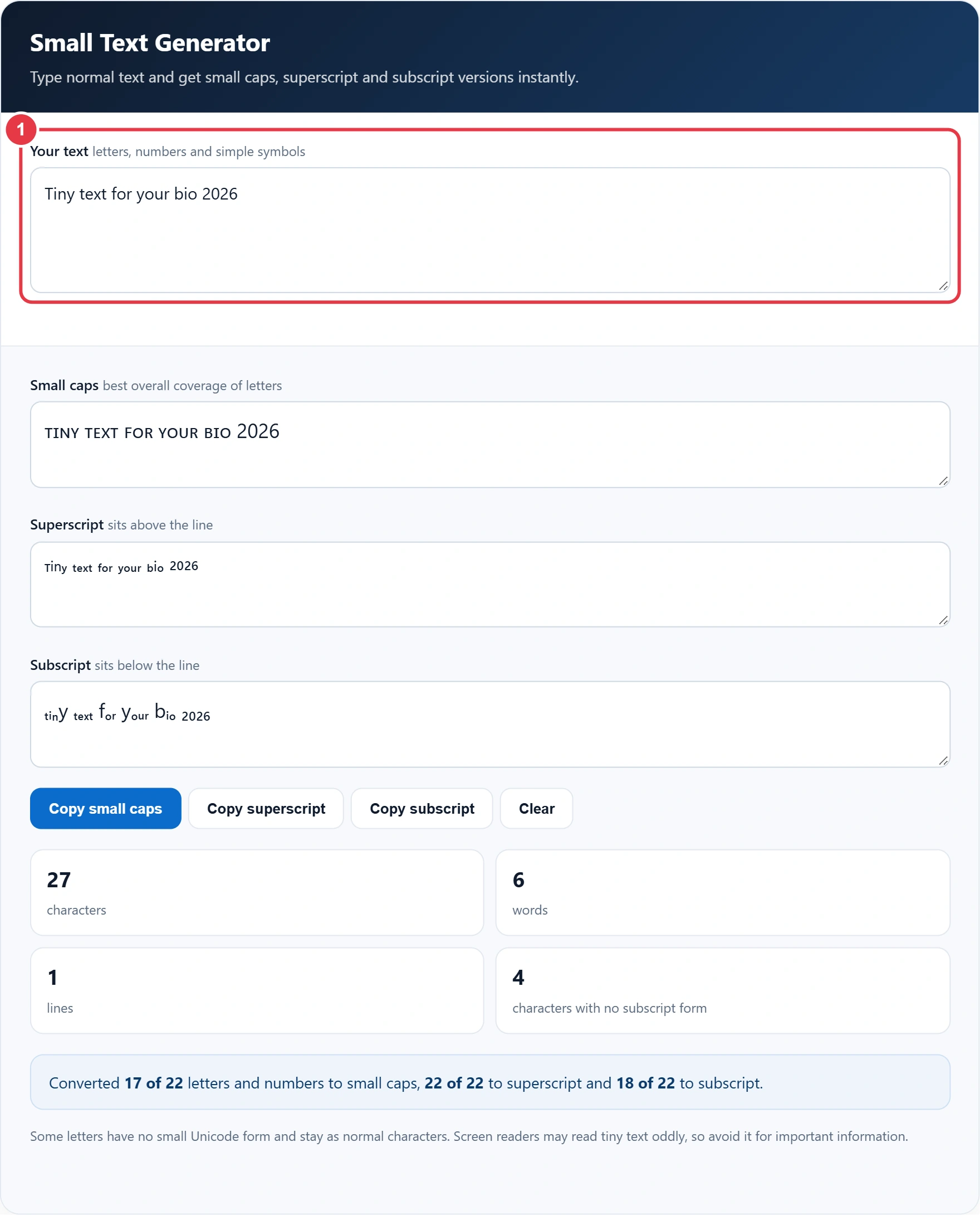 Step 1: type or paste your text into the input box