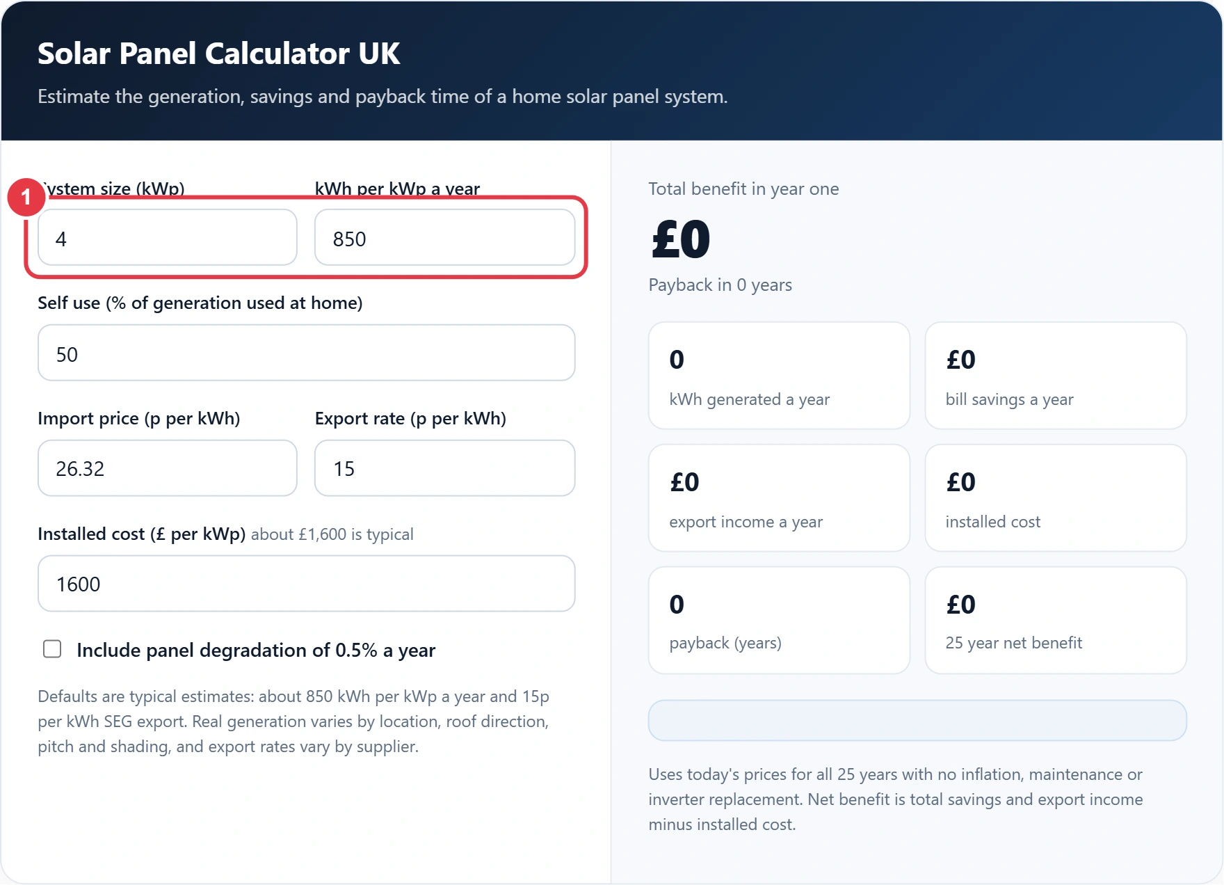 Step 1: enter your solar system size and generation per kWp