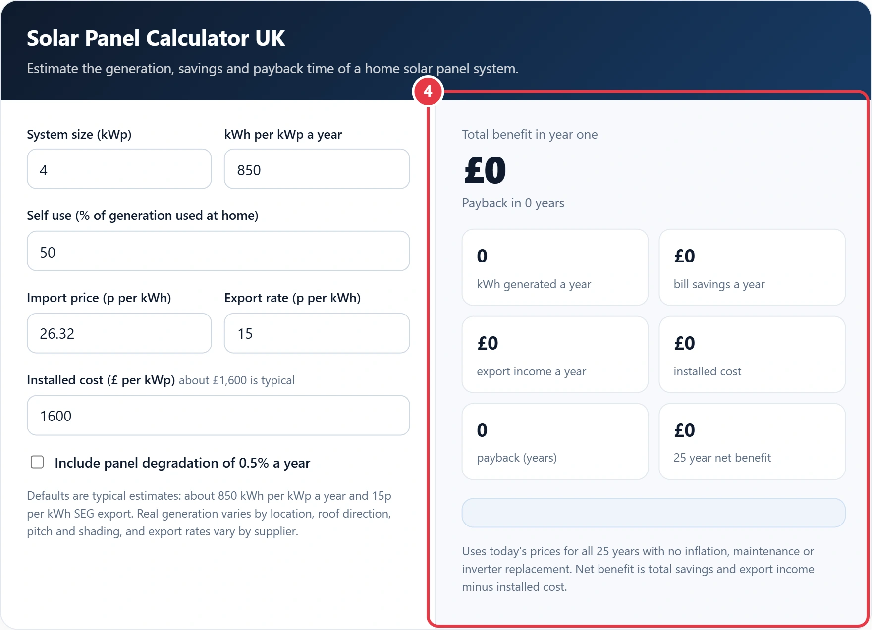 Step 4: read your solar savings, payback and 25 year benefit