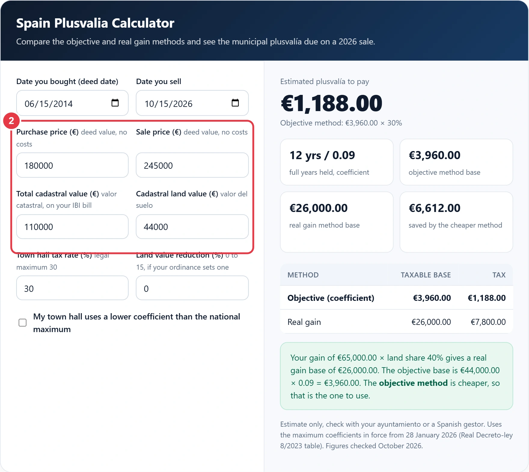 Step 2: enter deed prices and the cadastral values from the IBI bill
