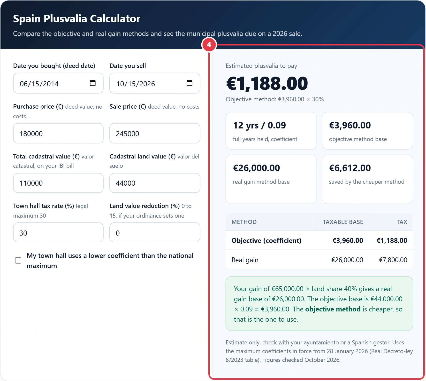 Step 4: read the plusvalía due and the cheaper method