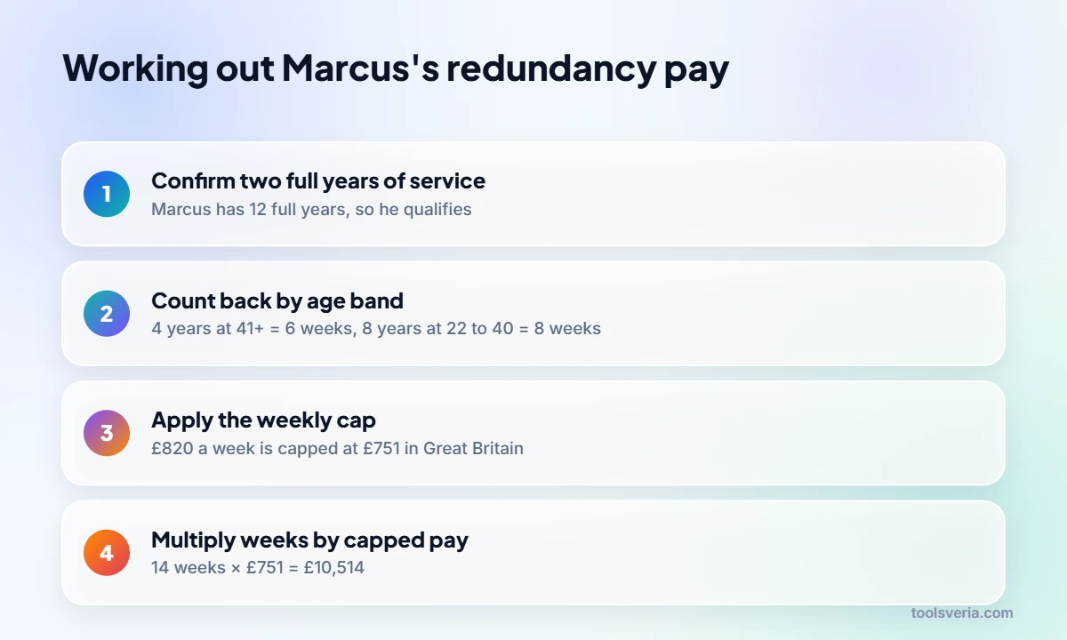 Steps to calculate statutory redundancy pay 2026 for a 45 year old with 12 years of service