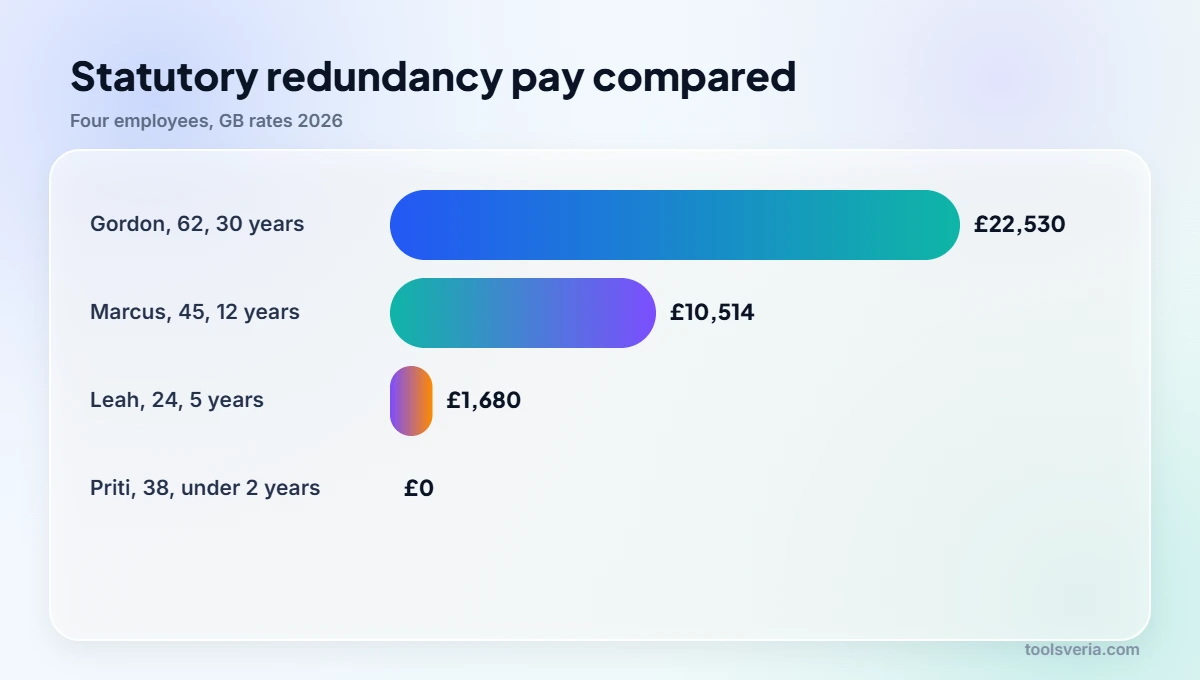 Bar chart comparing statutory redundancy pay 2026 for four employees