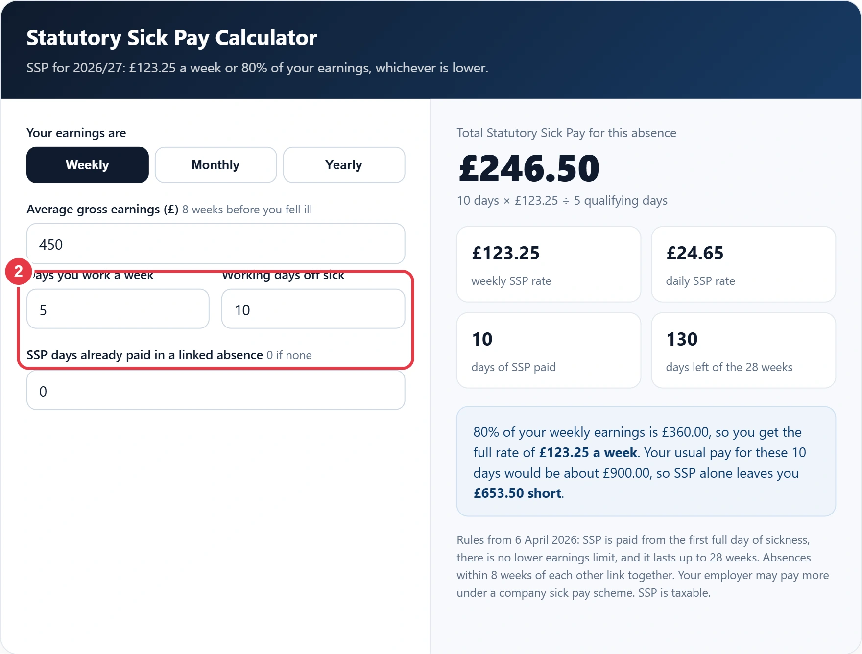 Step 2: enter your qualifying days and days off sick