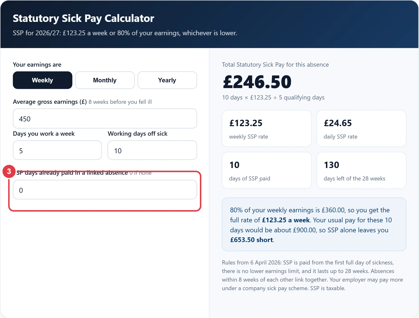 Step 3: add SSP days already paid in a linked absence