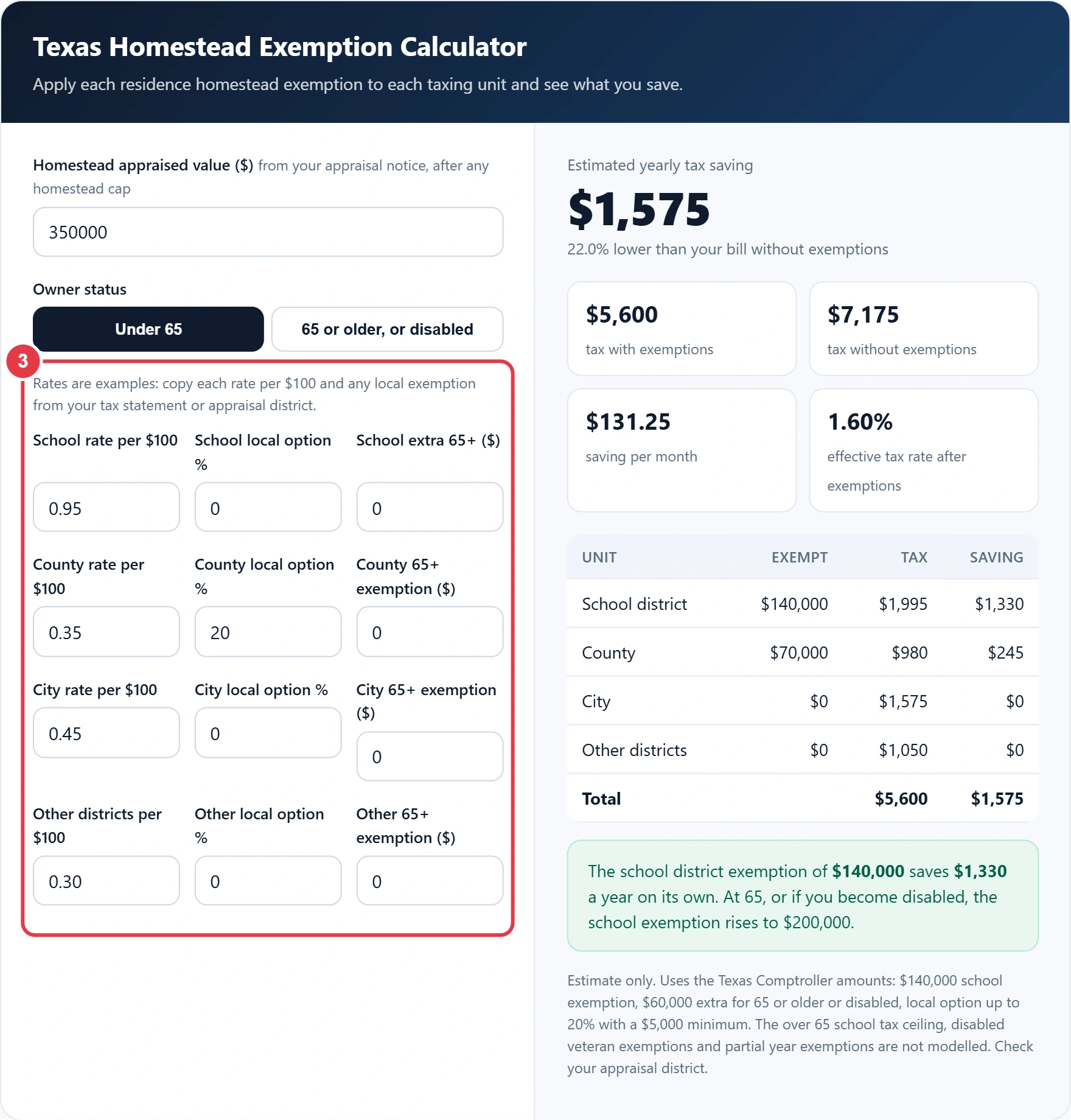 Step 3: enter each taxing unit's rate and local exemptions