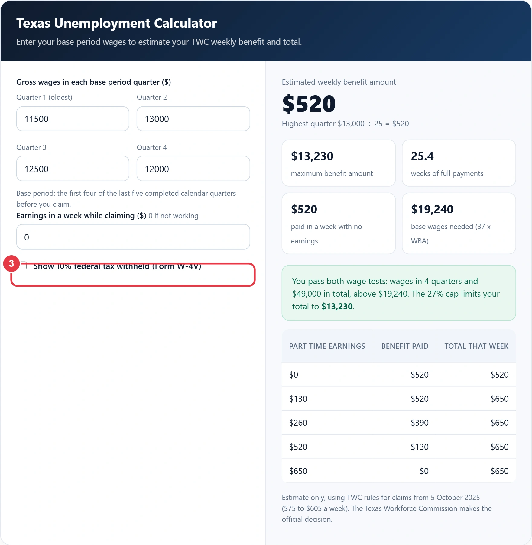 Step 3: choose whether to show 10% federal tax withheld
