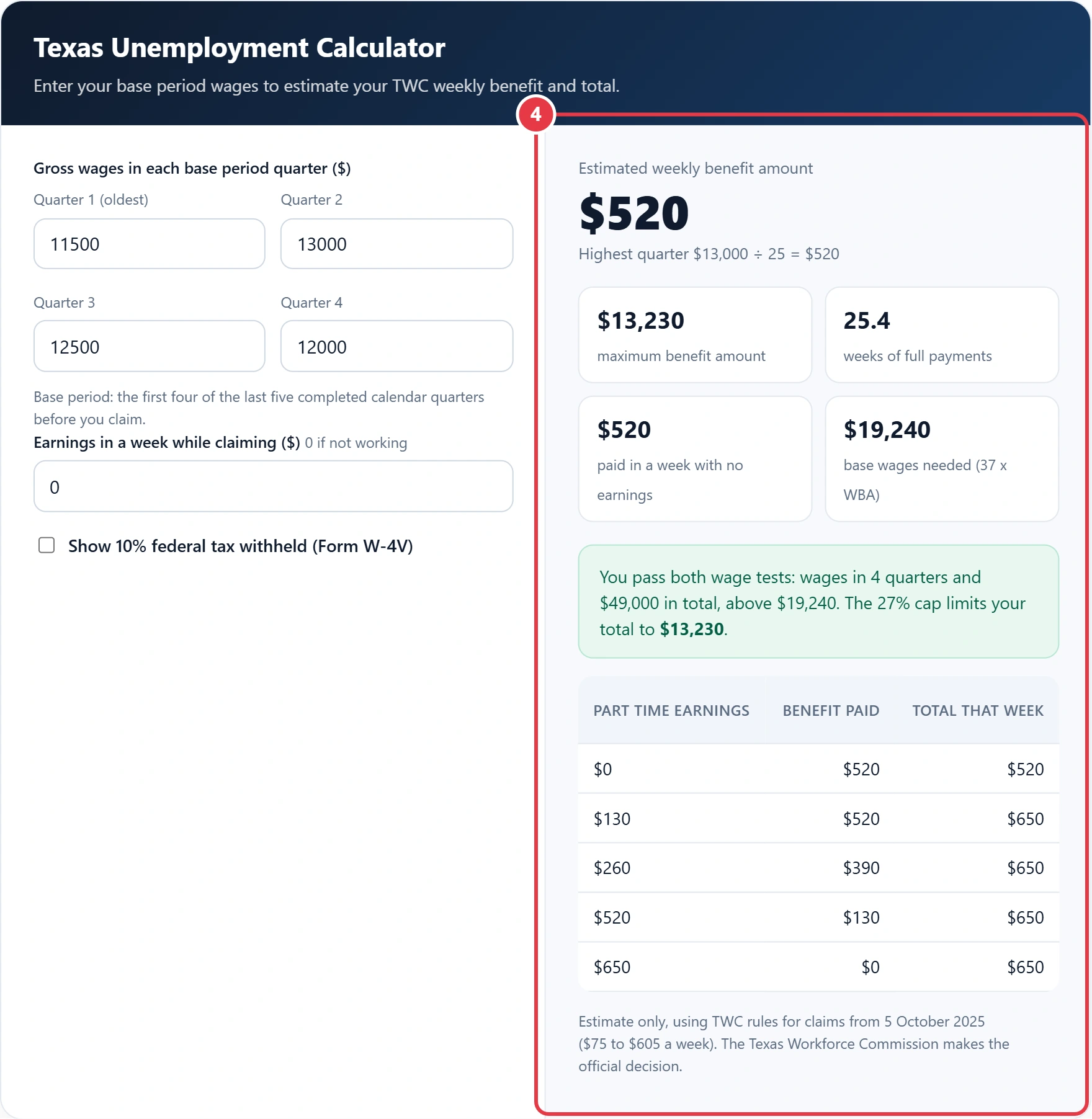 Step 4: read the weekly benefit, maximum benefit amount and eligibility check