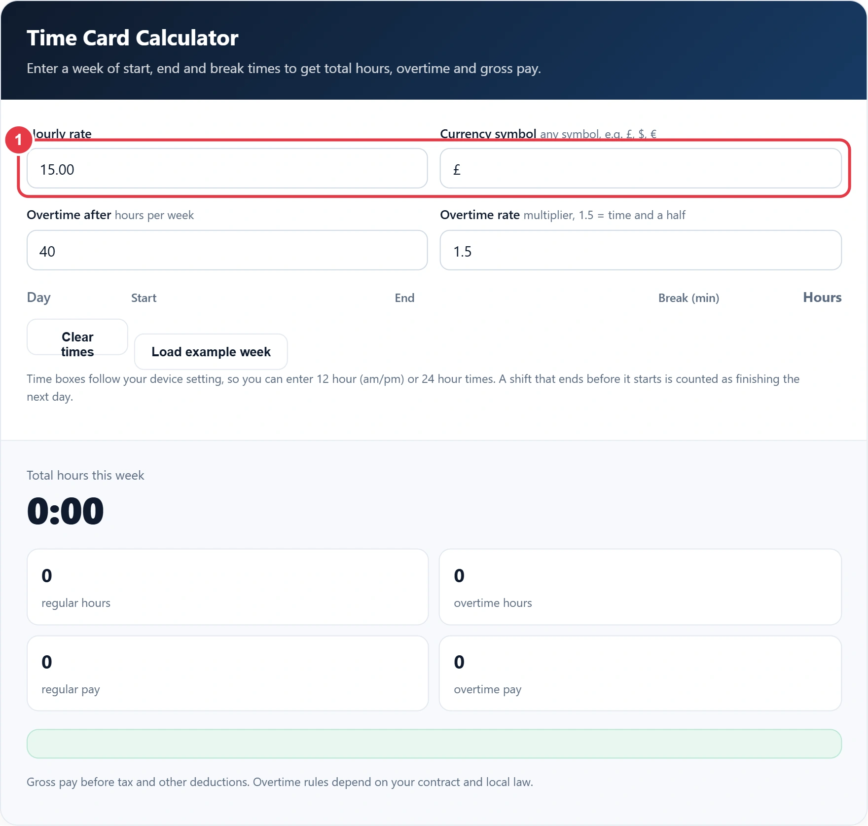 Step 1: enter your hourly rate and currency symbol