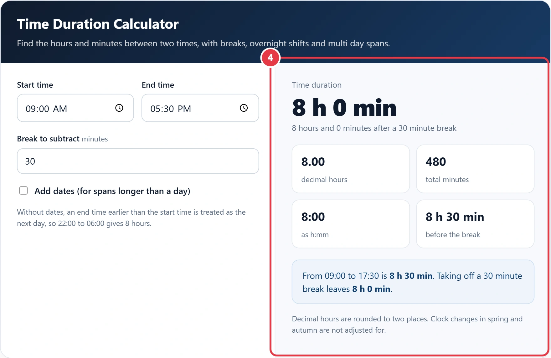 Step 4: read the duration in hours, decimal hours and minutes