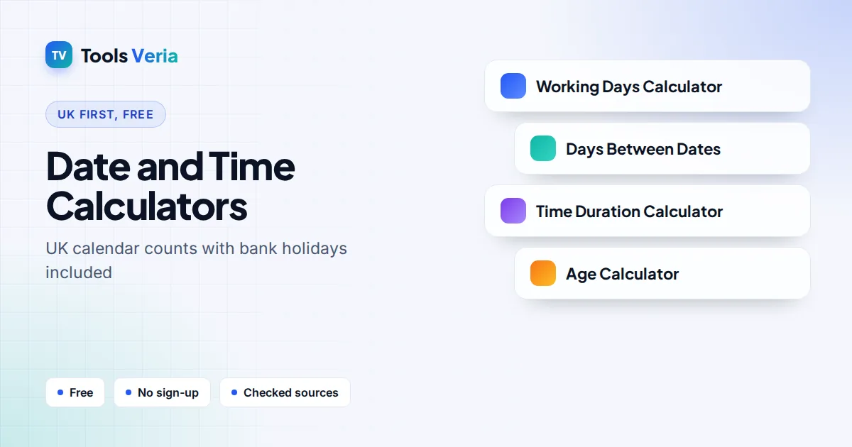 Date and time calculators hub banner with cards for Working Days, Days Between Dates, Time Duration and Age tools