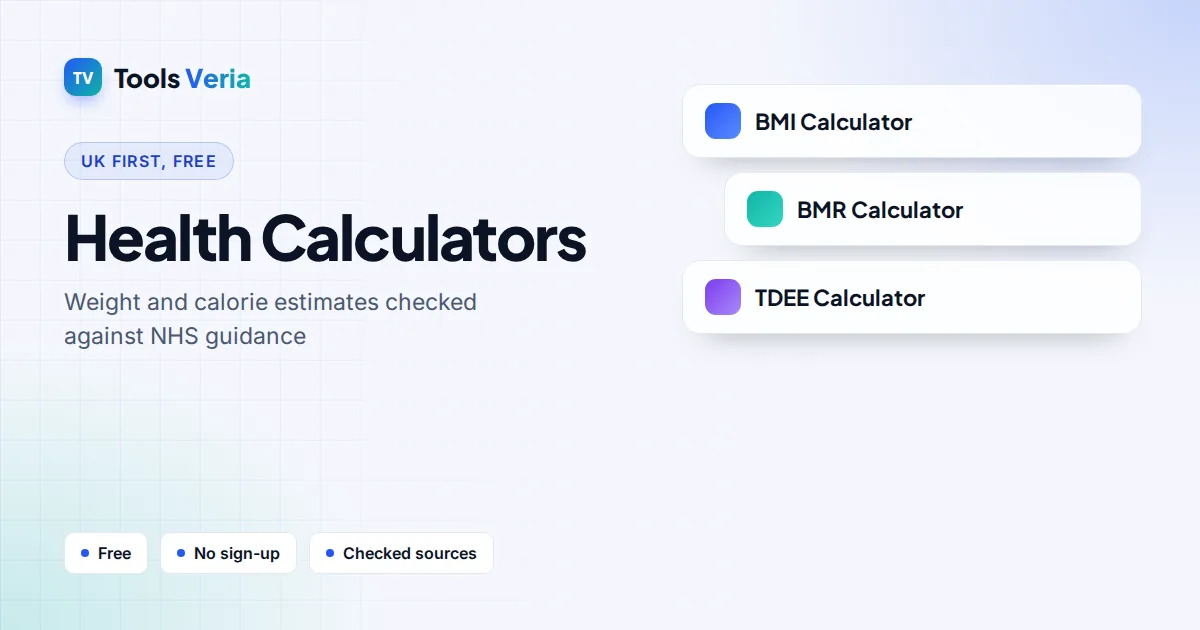 Health calculators hub banner with cards for BMI Calculator, BMR Calculator and TDEE Calculator tools