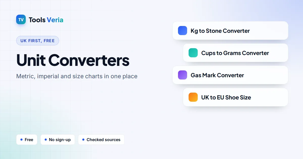 Unit converters hub banner with cards for Kg to Stone, Cups to Grams, Gas Mark and UK to EU Shoe Size tools