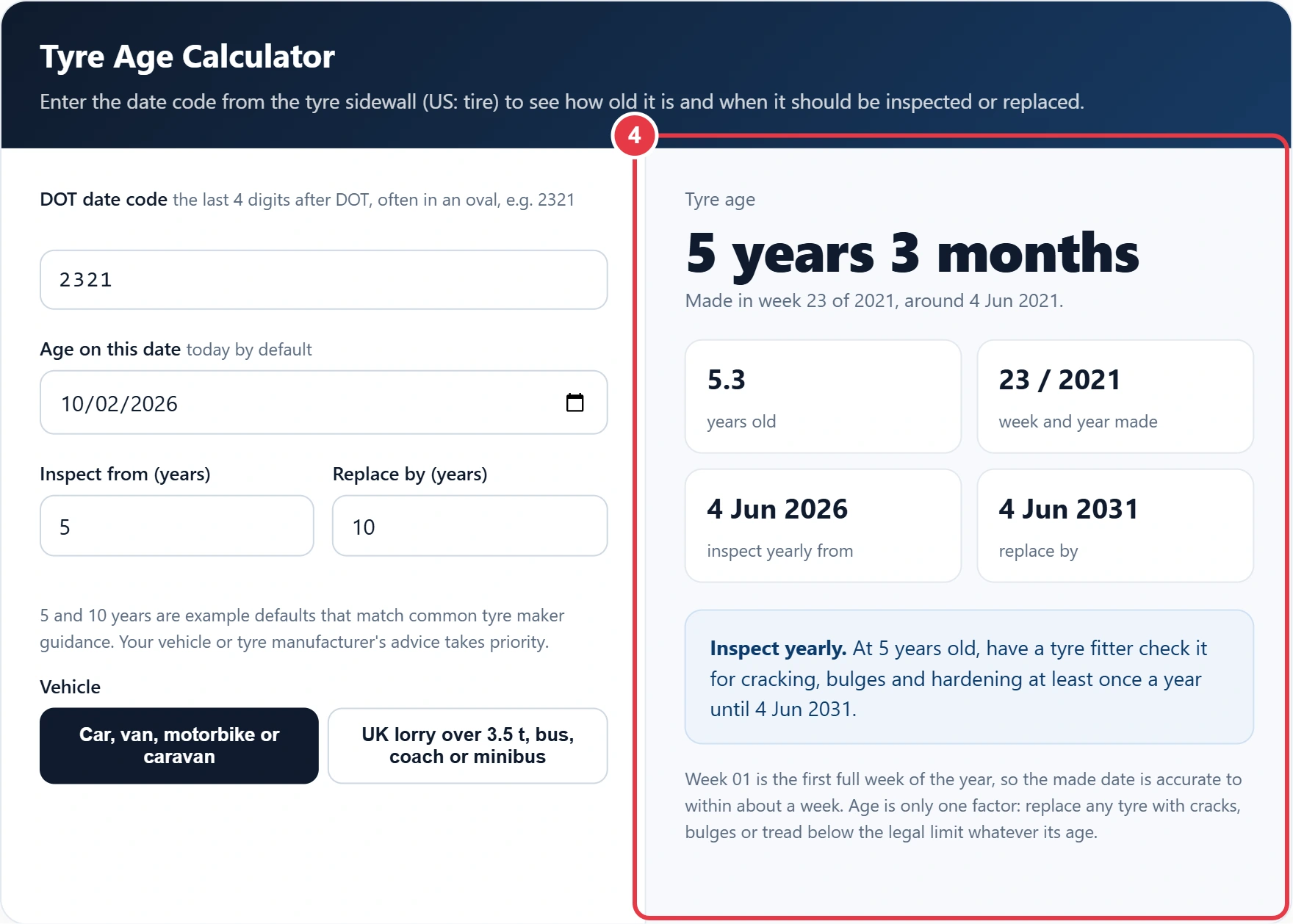 Step 4: read the tyre age, made date and replacement guidance
