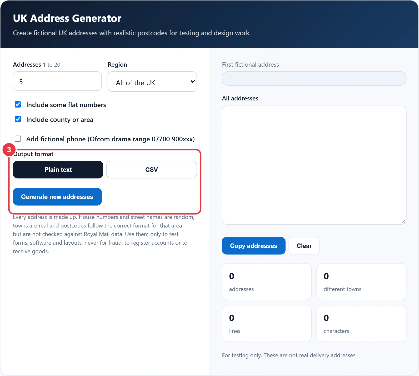Step 3: pick plain text or CSV and generate new addresses