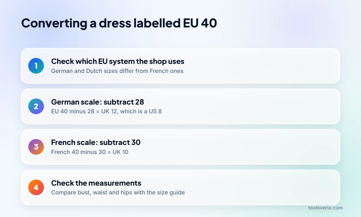 Steps for converting an EU 40 dress size to UK and US sizes