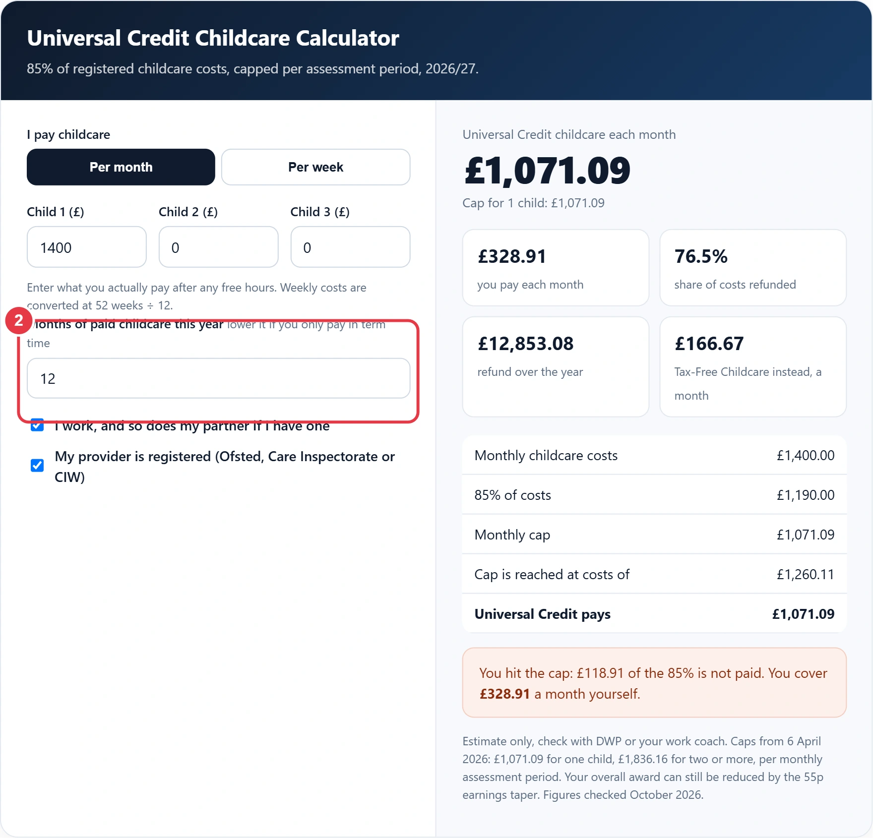 Step 2: set how many months of paid childcare you have this year