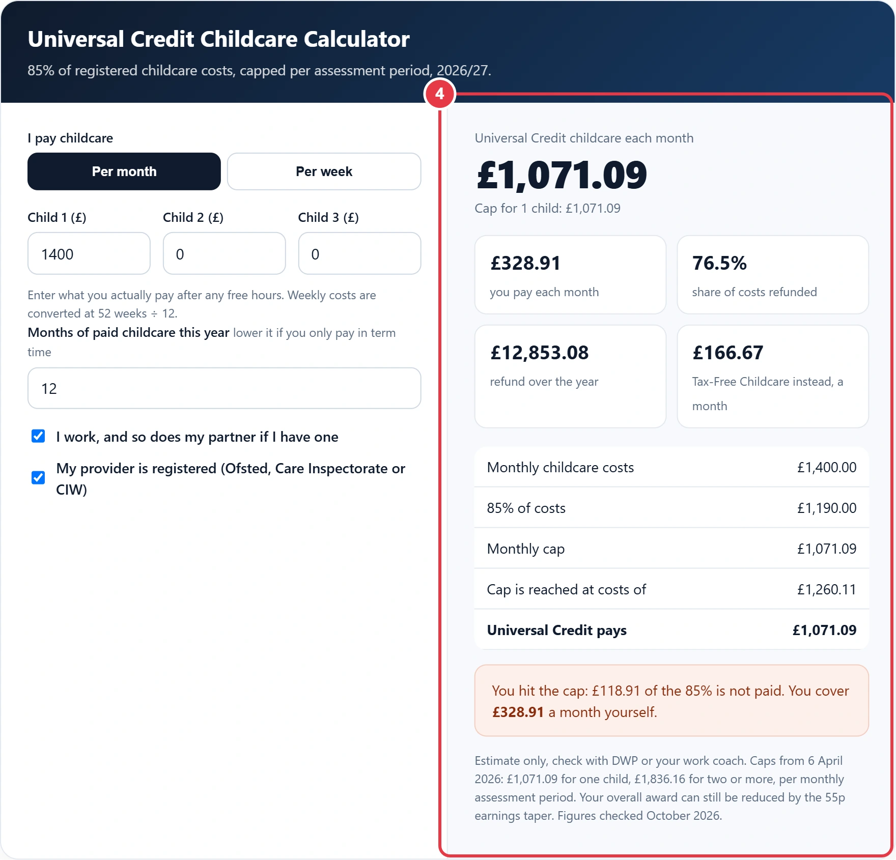 Step 4: read the Universal Credit childcare refund and your share