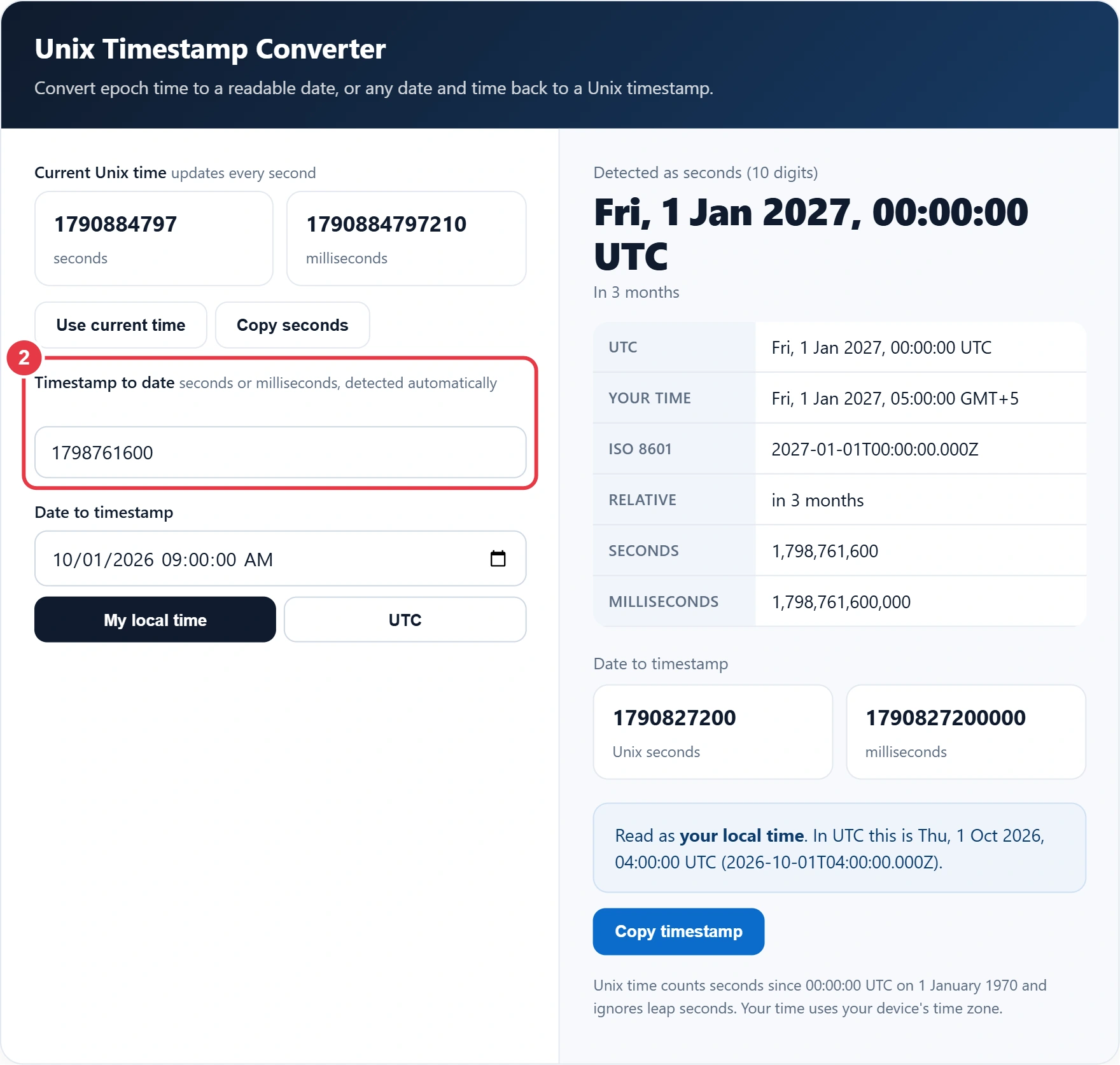 Step 2: enter a Unix timestamp to convert to a date