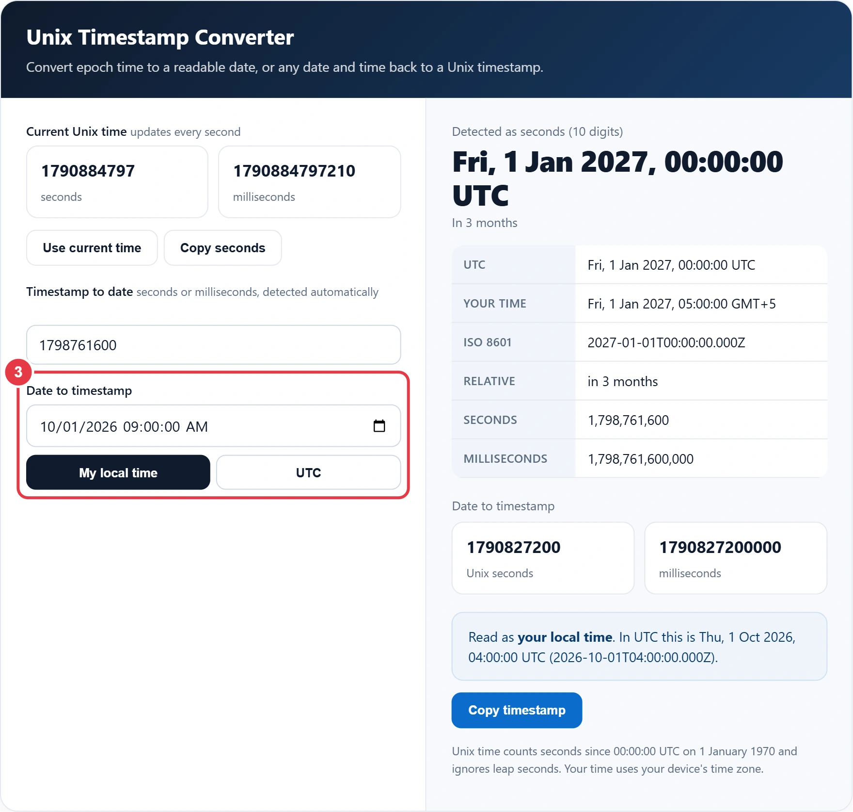Step 3: pick a date and time to convert to a timestamp