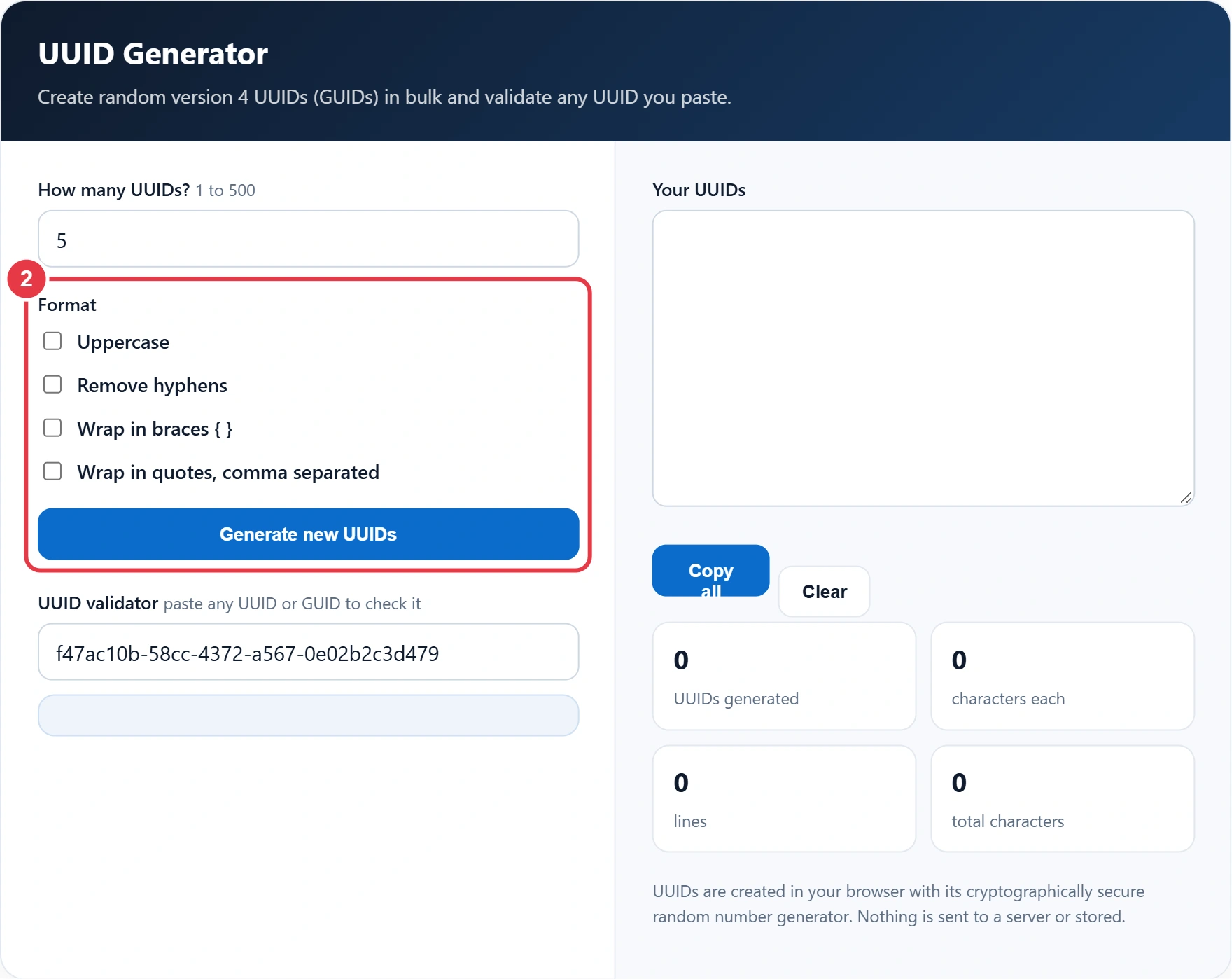 Step 2: pick the UUID format options and generate