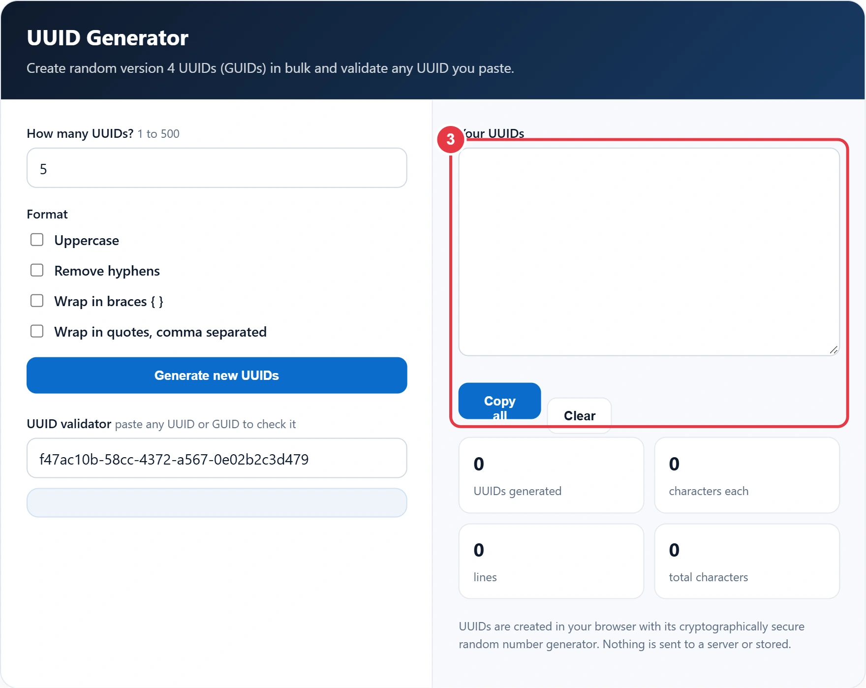 Step 3: copy the generated UUIDs from the output box