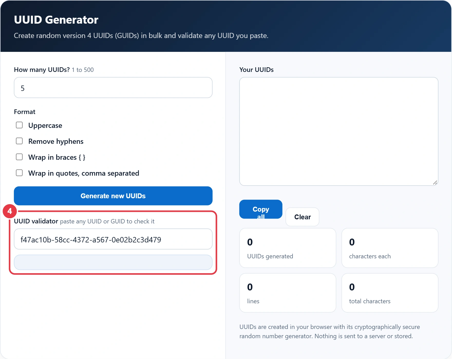 Step 4: paste a UUID into the validator to check its version