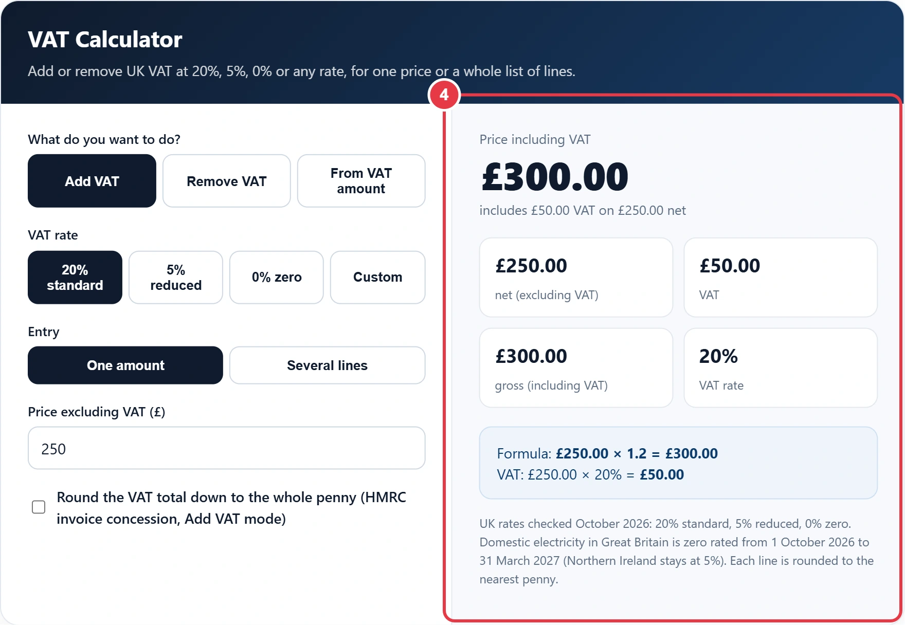 Step 4: read the net, VAT and gross results with the formula