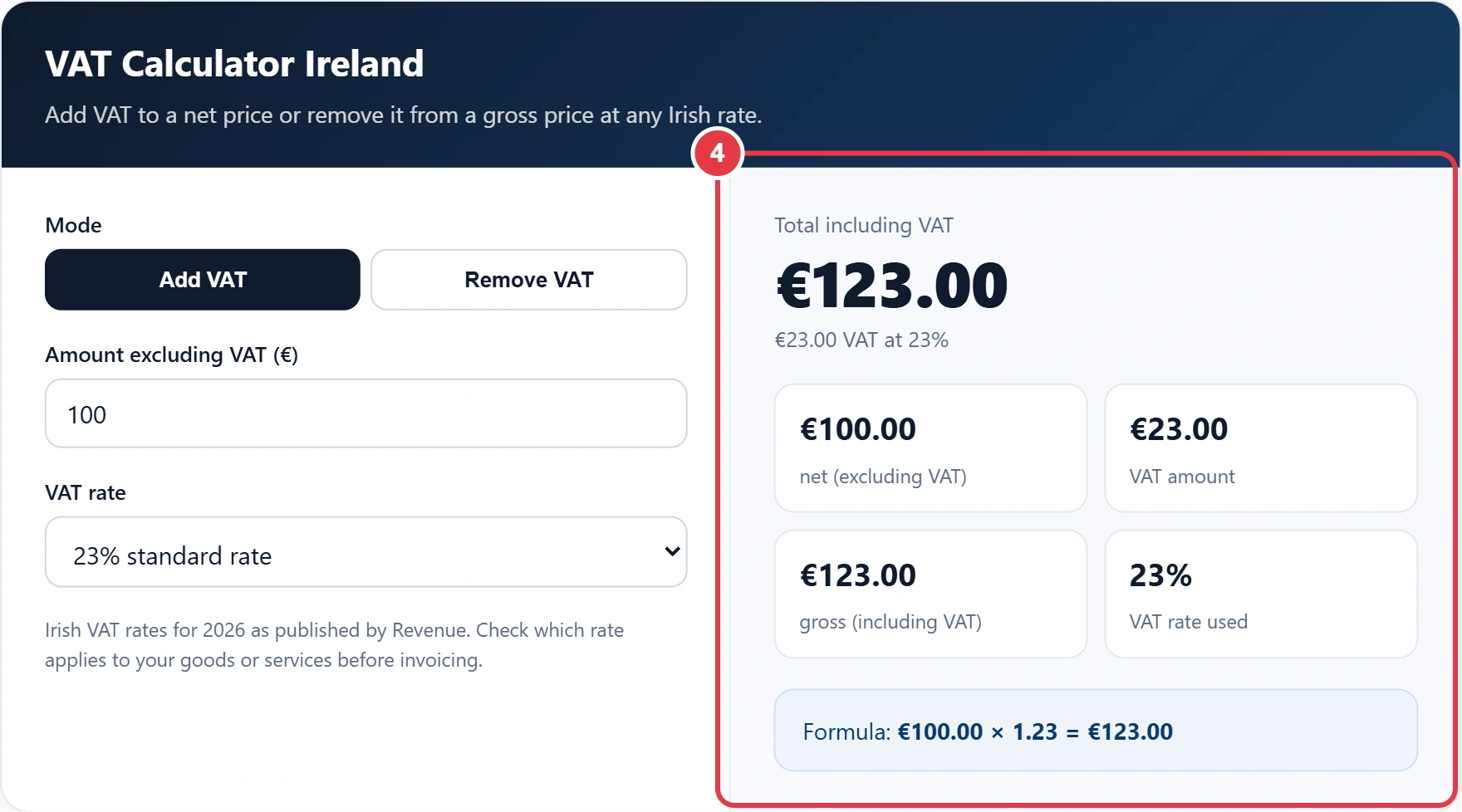 Step 4: read the net, VAT and gross amounts