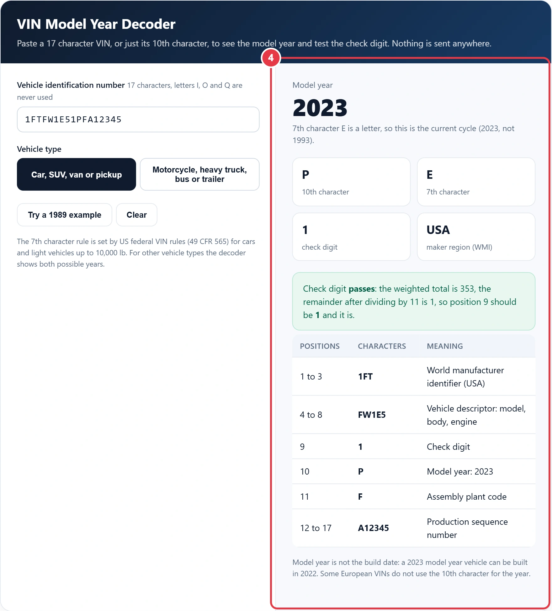 Step 4: check the VIN check digit result and the position breakdown