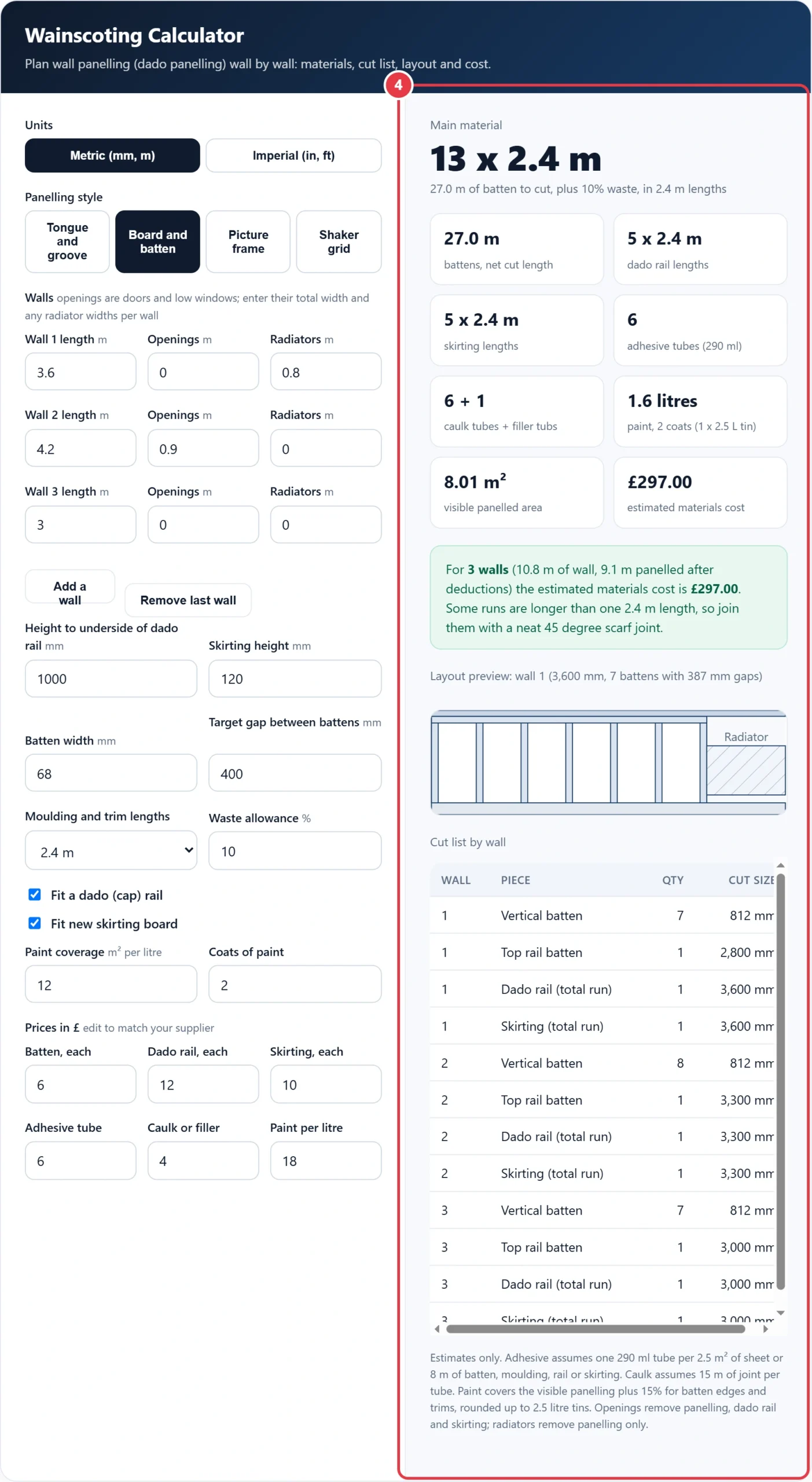 Step 4: read the materials, cost, layout preview and cut list