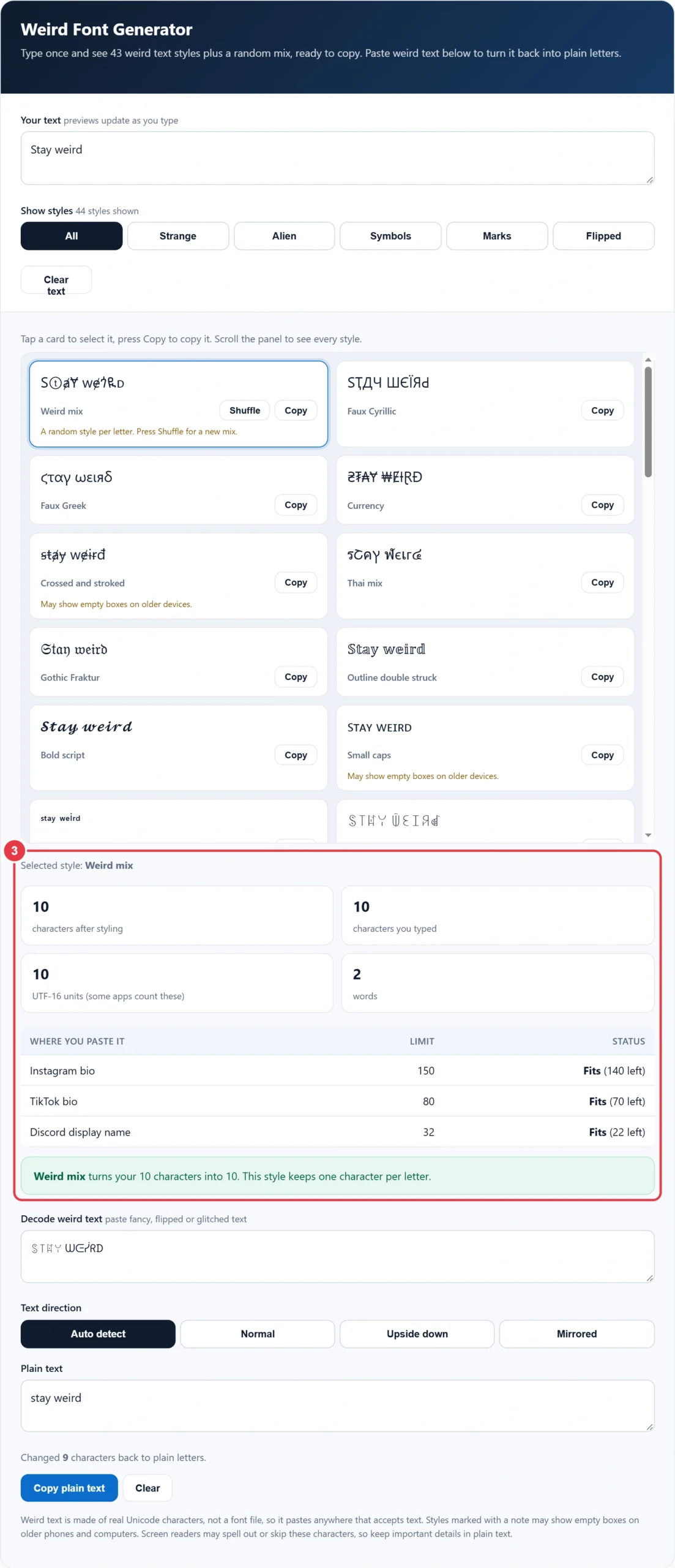 Step 3: copy a style and check the Instagram, TikTok and Discord limits