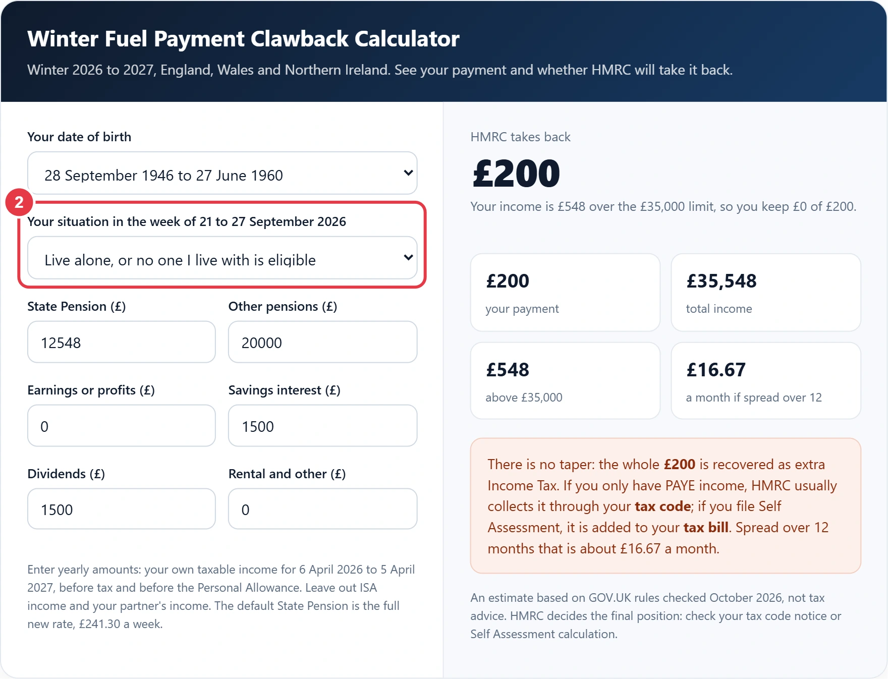 Step 2: choose who you live with and any qualifying benefits