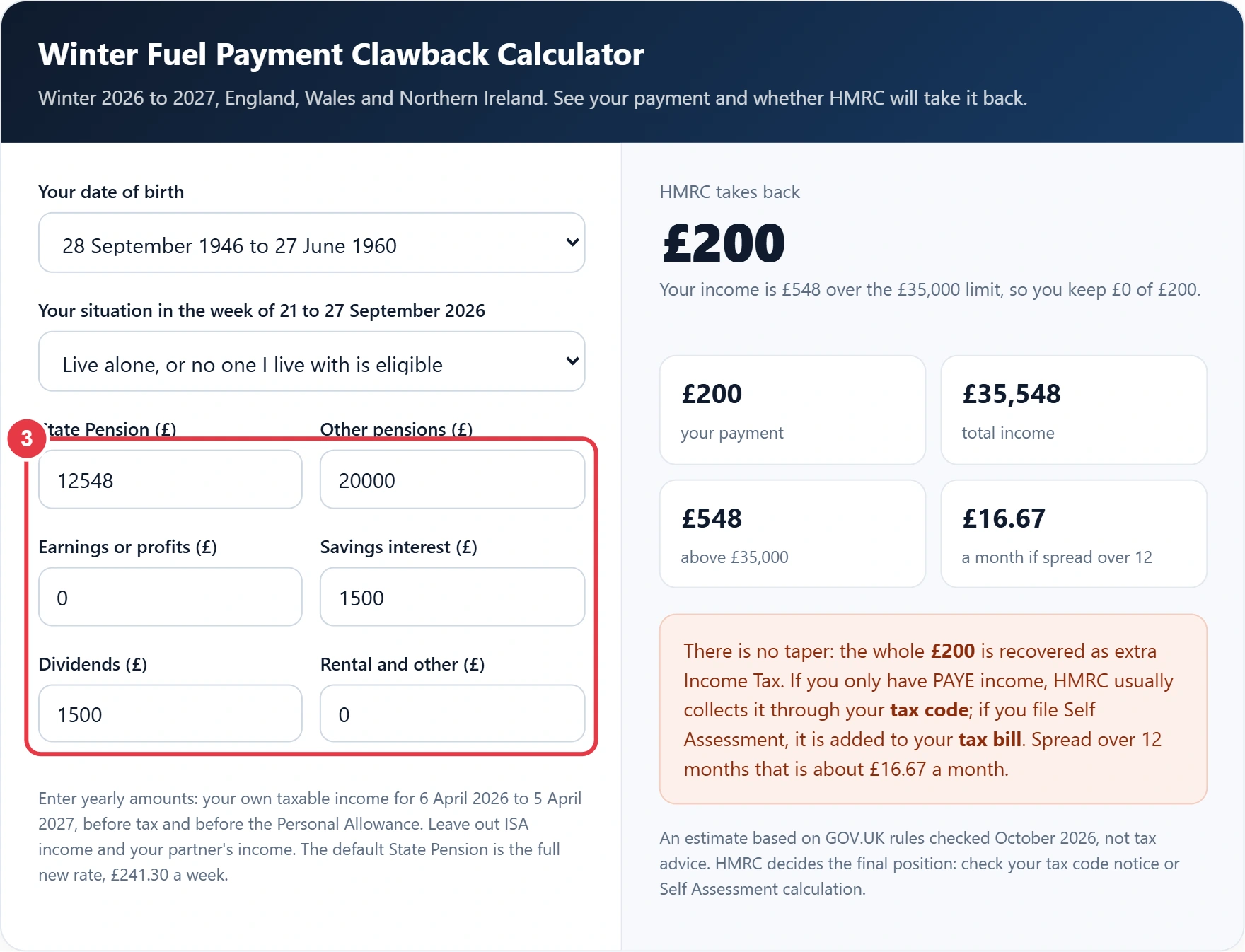 Step 3: enter your pensions, savings, dividends and other taxable income