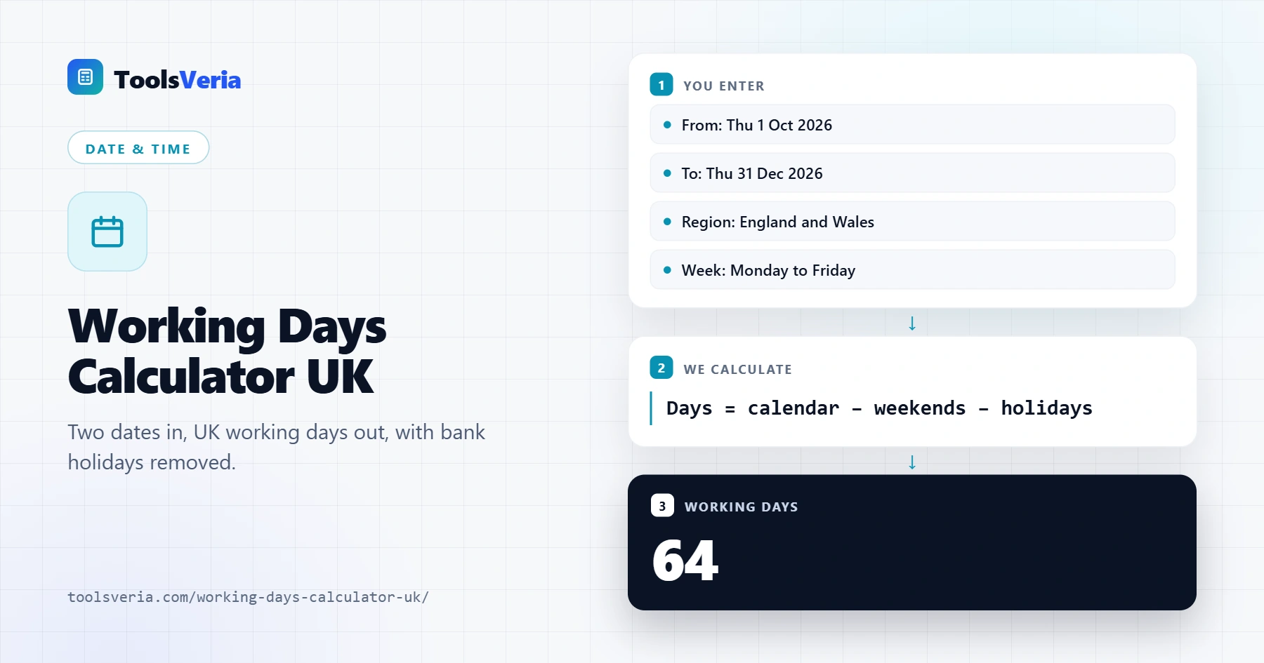 Working days calculator UK showing business days between two dates with bank holidays removed
