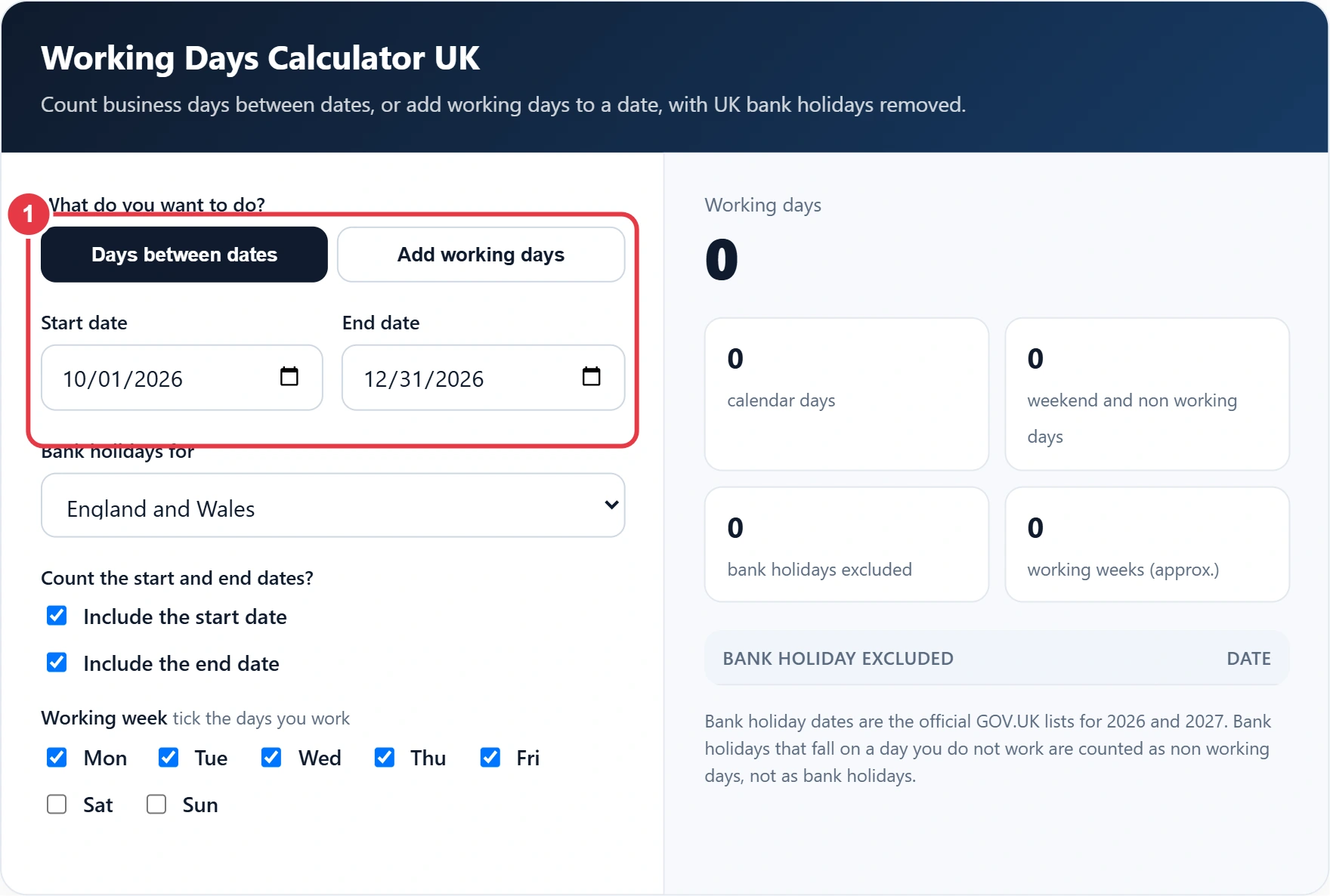 Step 1: choose a mode and enter your start and end dates
