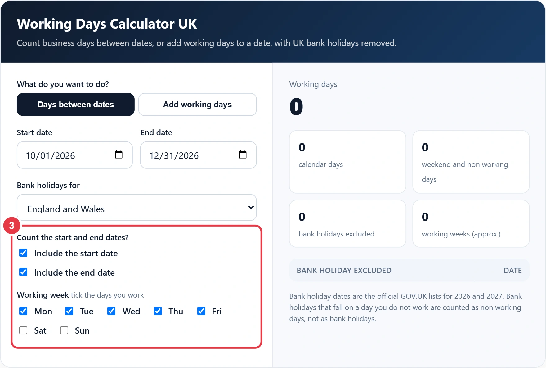 Step 3: set start and end date options and your working week